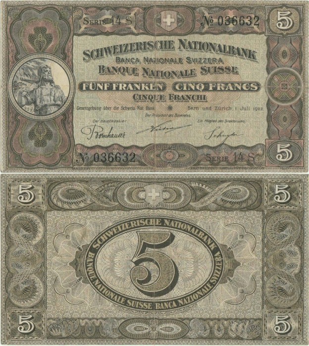 1922 ( 1 VII ) , 5 franken/francs/franchi ( P-11f.3 ) - Elveţia