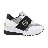 Sneakers Dama Slip-On cu Platforma, Alb, Insertii Stralucitoare Aurii, Marimea 39
