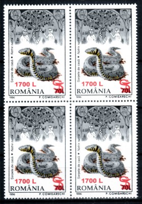Romania 2000, LP 1506, Fauna 1996 supratipar &amp;quot;sarpe si cupa&amp;quot;, bloc de 4, MNH! foto