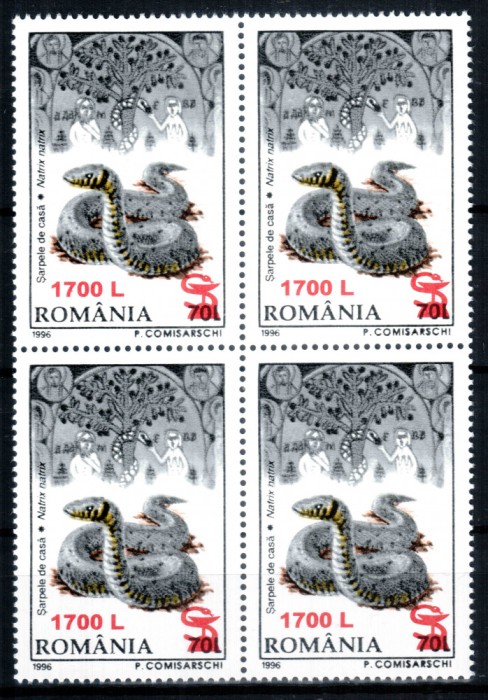 Romania 2000, LP 1506, Fauna 1996 supratipar &quot;sarpe si cupa&quot;, bloc de 4, MNH!