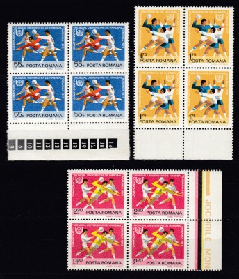 ROMANIA 1975 LP 870 JOCURILE MONDIALE UNIVERSITARE DE HANDBAL BLOCURI DE 4 MNH foto