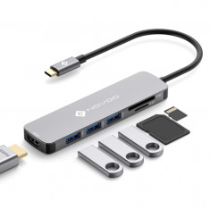 Hub Adaptor NOVOO USB-C la HDMI 4K, 3 x USB 3.0, Cititor de carduri SD si Micro SD - RESIGILAT