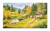 Cumpara ieftin Tablou pictat manual, Plaiuri mioritice, o zi minunata, 100x60cm ulei pe panza
