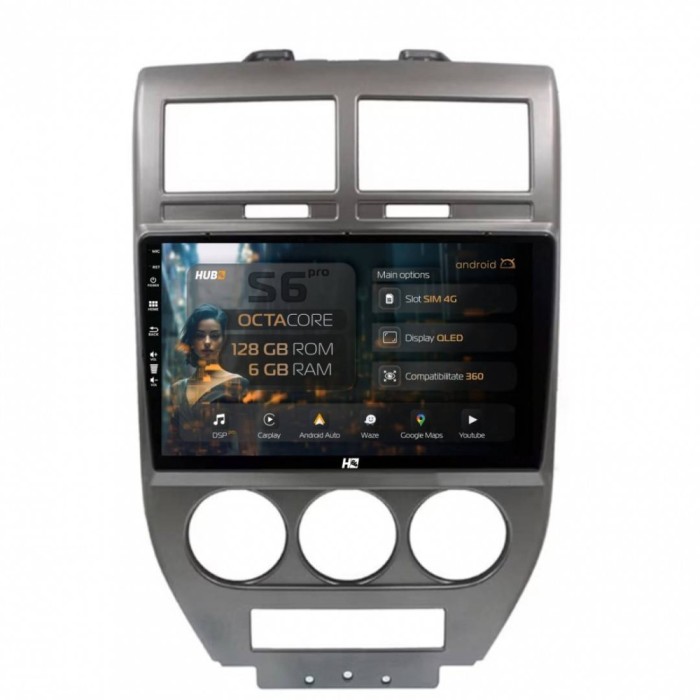Navigatie Jeep Compass Patriot (2006-2010) 6GB RAM Android 13 Octacore Slot Sim 4G DSP GPS Wi-FI Carplay Android Auto USB Bluetooth Waze Touchscreen 1