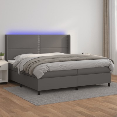 vidaXL Pat cu arcuri, saltea și LED, gri, 200x200 cm, piele ecologică 3139347 foto