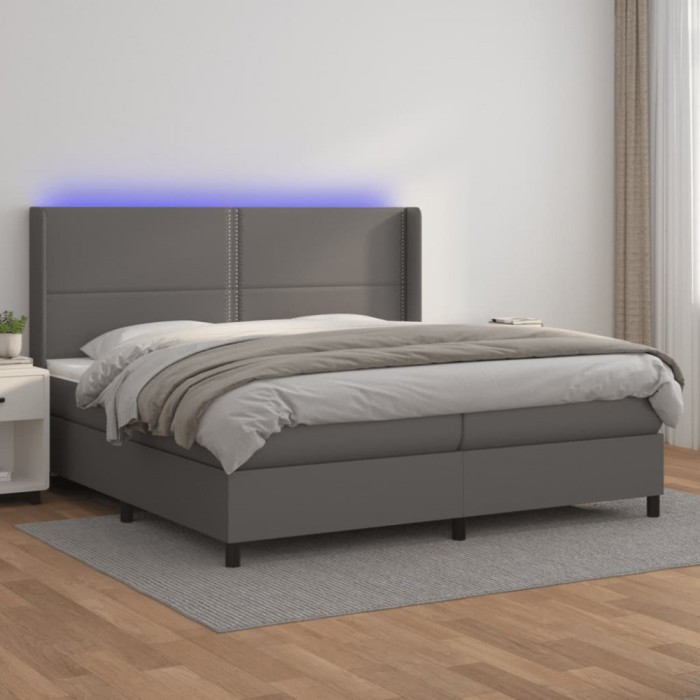 vidaXL Pat cu arcuri, saltea și LED, gri, 200x200 cm, piele ecologică 3139347
