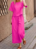 Cumpara ieftin Women's Linen Look Short Top and Trousers Fuchsia Set