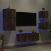 Unități de perete TV cu LED-uri, 5 piese, stejar fumuriu, lemn