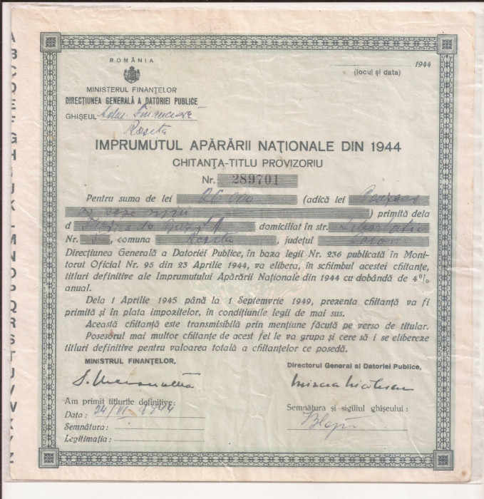 Titlu provizoriu &Icirc;mprumutul Apărării Naționale din 1944 Resita 289701
