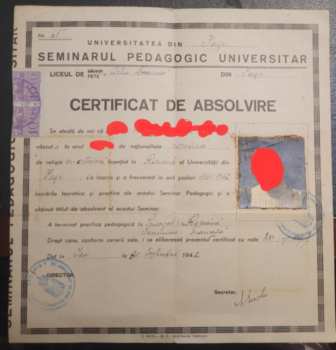 Certificat de absolvire Liceul Oltea Doamna Iasi, 1942