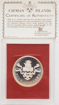 M01 Cayman 5 Dollars 1976 Elizabeth II (2nd portrait) km 8 proof argint foto