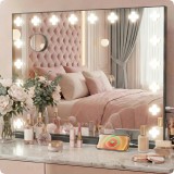 Oglindă machiaj Hollywood, negru, 58x46cm, cu 18 LED-uri și lumină reglabilă, cu oglindă măritoare X10
