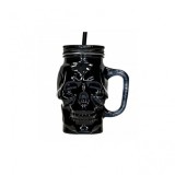 Cana din sticla in forma de craniu cu pai si capac pentru cocktail sau bauturi racoritoare, 400 ml, negru
