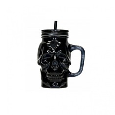 Cana din sticla in forma de craniu cu pai si capac pentru cocktail sau bauturi racoritoare, 400 ml, negru foto