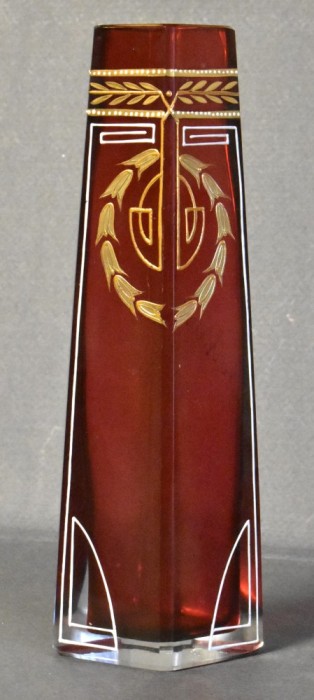 Vaza Josef Riedel Art Nouveau / Jugendstil sticla rosie / rubin - pictata manual cu email si aur coloidal - cca.1890