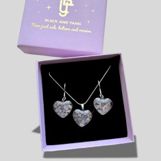 Set cercei si colier din otel inoxidabil argintiu cu inimi - cuart roz si cuart transparent