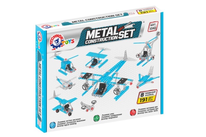 Set de construit metalic, TechnoK, 8 modele de vehicule zburatoare, 191 de piese