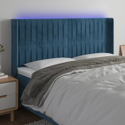 vidaXL Tăblie de pat cu LED, albastru &amp;icirc;nchis, 183x16x118/128cm catifea 3124350 foto