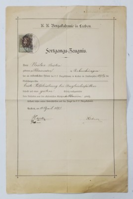 CERTIFICAT DE SALVAMONTIST , K.K. BERGAKADEMIE IN LEOBEN , PENTRU NESTOR JUSTIN DIN BLAJ , 1897 foto