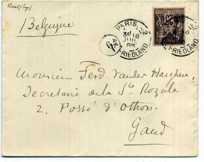 France 1895 Postal History Rare Cover Paris Av. Friedland to Gand Belgium D.571