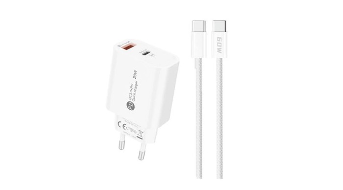 &Icirc;ncărcător de perete A6MaxL 20W USB-A USB-C cu cablu USB-C - USB-C de 1m - alb