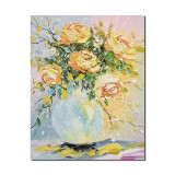 Tablou pictat manual, Vaza cu trandafiri galbeni, stilizati, 50x40cm ulei pe panza in cutit efect 3D, gata de agatat pe perete