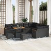Set canapea gradina Gossi 12 piese cu perne negru poliratan acacia, set dining gradina Gossi 3 piese cu perne negru poliratan acacia