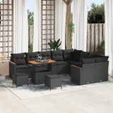 Set canapea gradina Gossi 12 piese cu perne negru poliratan acacia, set dining gradina Gossi 3 piese cu perne negru poliratan acacia