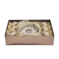 Set 6 cesti 100 ml cu farfurii din portelan cu decor vintage, in cutie cadou