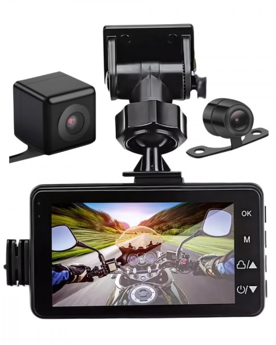 Camera de Actiune pentru Motocicleta, Vedere Fata Spate, Waterproof, Monitorizare parcare, 720P, Video in bucla, 32GB, Versatyx