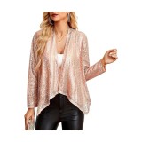 Jachetă cu paiete pentru femei, deschisă &icirc;n față, cu m&acirc;neci lungi, cardigan elegant sclipitor, bolero de petrecere, auriu roz, XL