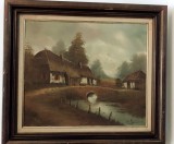 Ulei pe p&acirc;nză,o lucrare veche semnata de o foarte buna calitate &icirc;ncadrată &icirc;ntr-o ramă lata din lemn masiv