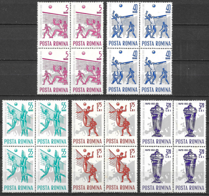 ROM&Acirc;NIA 1963 - LP 569 - CAMPIONATELE EUROPENE DE VOLEI - SERIE MNH BLOCURI X4