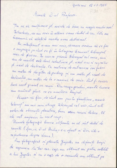 HST A721 Scrisoare olografa 1985 Nicolae Reinholz Observator astronomic Zădăreni