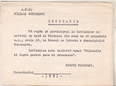 bnk div Invitatie Filiala AFR Bucuresti 1981 foto