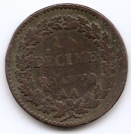 Franta 1 decime 1799 AA - L&#039;AN 8 - AA, Prima Republica, Cupru, 20 gr, 23 mm, KM-644 (3)