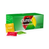 Prezervative DUREX Saboreame, din latex, set cu 4 tipuri de aromă: banană, măr, portocală și căpșuni, diametru 53 mm, 144 buc