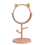 Cumpara ieftin Oglinda cosmetica cu picior, rotire 360 , baza cu suport bijuterii, model urechi, 15 cm diametru, 31 x 14.5 x 15 cm, roz galben