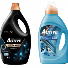 Detergent lichid pentru rufe negre sau de culoare inchisa Active, 6 litri, 120 spalari + Balsam de rufe Active Magic Blue, 1.5 litri, 60 spalari