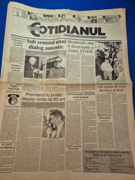 ziarul cotidianul 23 septembrie 1992 - octavian paler,stefan augustin doinas,gica hagi,mircea lucescu,michel jackson