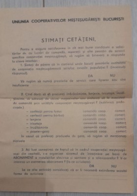 Uniunea Cooperativelor Mestesugaresti Bucuresti comunism Chestionar clienti 4p foto
