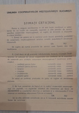 Uniunea Cooperativelor Mestesugaresti Bucuresti comunism Chestionar clienti 4p
