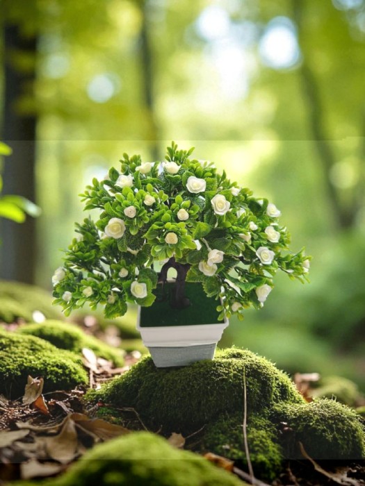 Copăcel decorativ artificial 25 cm cu flori albe