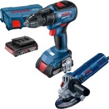Bosch GSR 18V-50 + GWS 9-125 S - Masina de gaurit si insurubat cu 2 acumulatori Li-Ion 18 V 2 Ah 50 Nm valiza plastic + Polizor unghiular cu fir 900 W