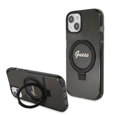 Husa pentru iPhone 15 Plus / iPhone 14 Plus - Guess Ring Stand Script Glitter MagSafe (GUHMP15MHRSGSK) - Black foto