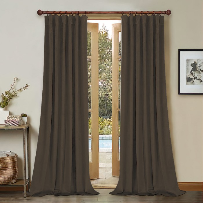 Set draperii din catifea cu rejansa din bumbac tip fagure, Madison, 200x210 cm, densitate 700 g/ml, Wood brown, 2 buc