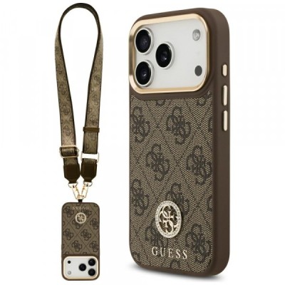 Husa MagSafe pentru Apple iPhone 17 Pro, Guess, 4G Strass Logo with Big Strap, Maro foto