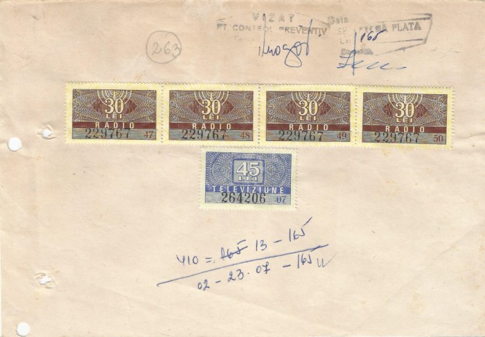 Romania, document cu timbre fiscale radio-tv