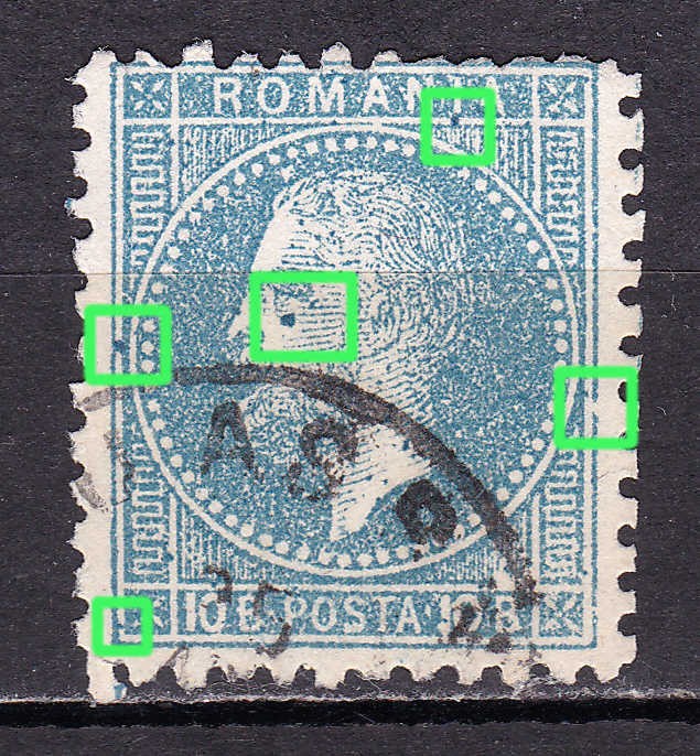 ✅RO 1876 ,LP 39e ( 1877 ) ,&quot;Carol I - Bucuresti I &quot; , 10 B , defecte cliseu , pete - vezi scan ,stampilat