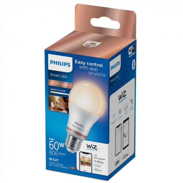 Bec LED inteligent Philips Bulb A60, Wi-Fi, Bluetooth, E27, 8W (60W), 806 lm,